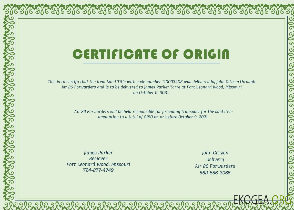 Certificat d'origine des États Unis